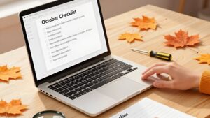 Инспекция ноутбука с инструментами и осенними листьями по октябрьскому чек-листу проверить MacBook перед покупкой